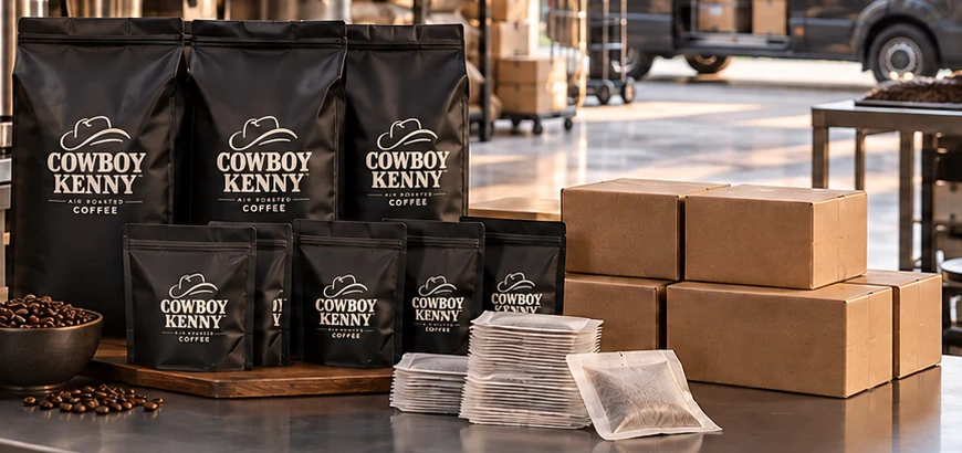 Black Cowboy Kenny coffee bags in five-pound and retail sizes with pods and a bowl of beans