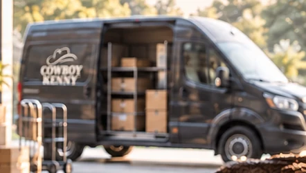 Cowboy Kenny delivery van with its rear doors open and cases loaded